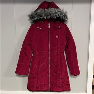Calvin Klein Jeans Girl Burgundy Hooded Jacket with Faux Fur